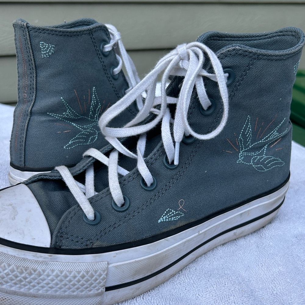 Gray Blue High-Top Converse Sneakers with Bird Embroidery